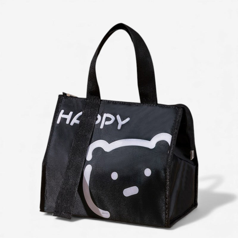 Sac isotherme noir motif ours avec inscription Happy