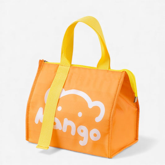 Sac isotherme orange motif “Mango”, tenu par la poignée jaune