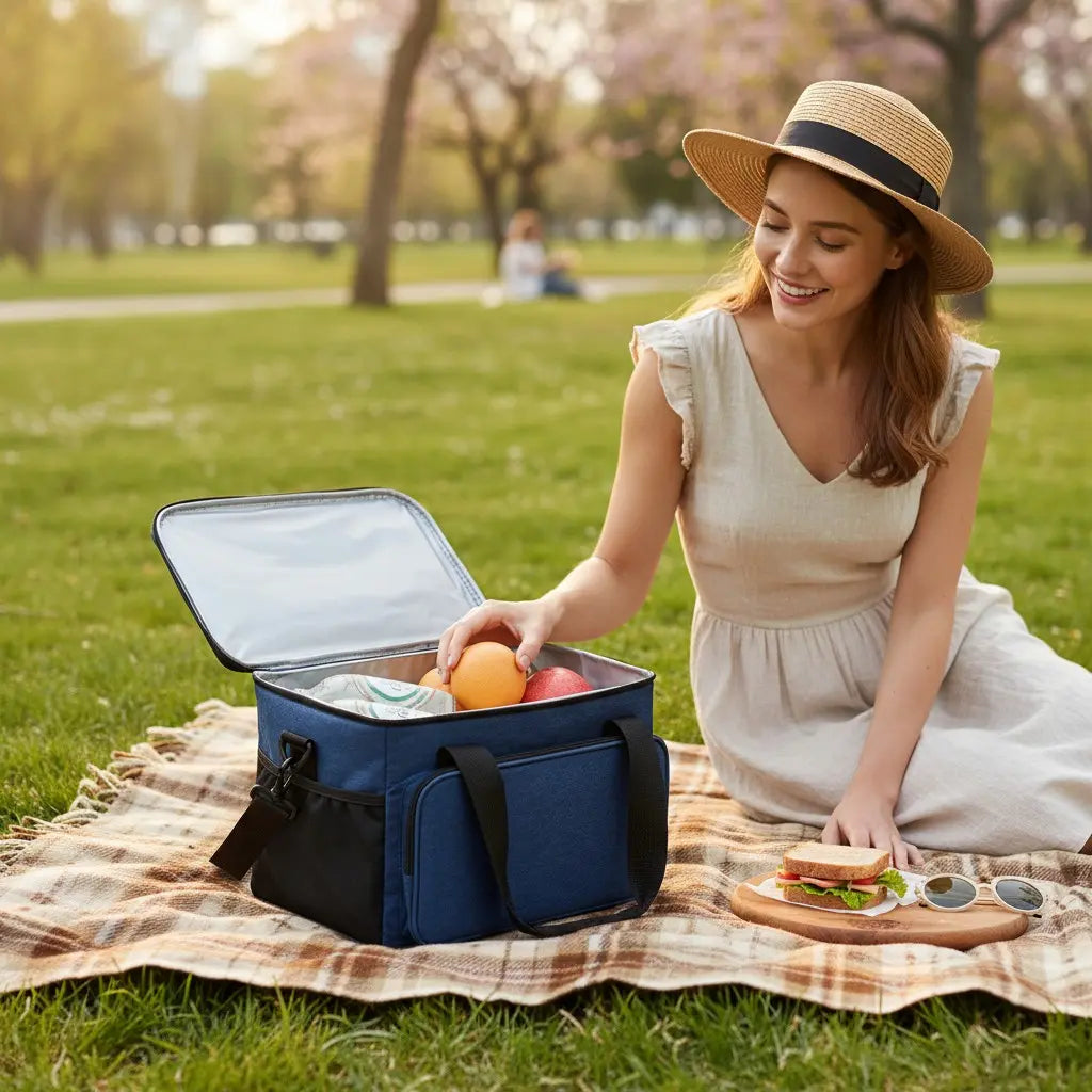 Sac isotherme bleu utilisé pour un pique-nique en plein air sur la pelouse