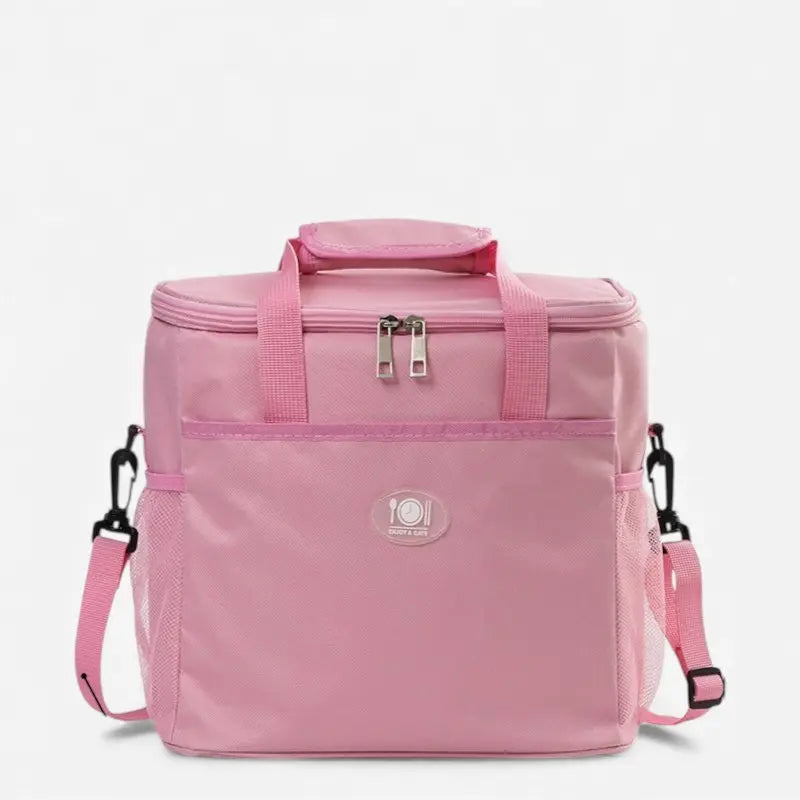 Sac isotherme rose clair vu de face avec double poignée