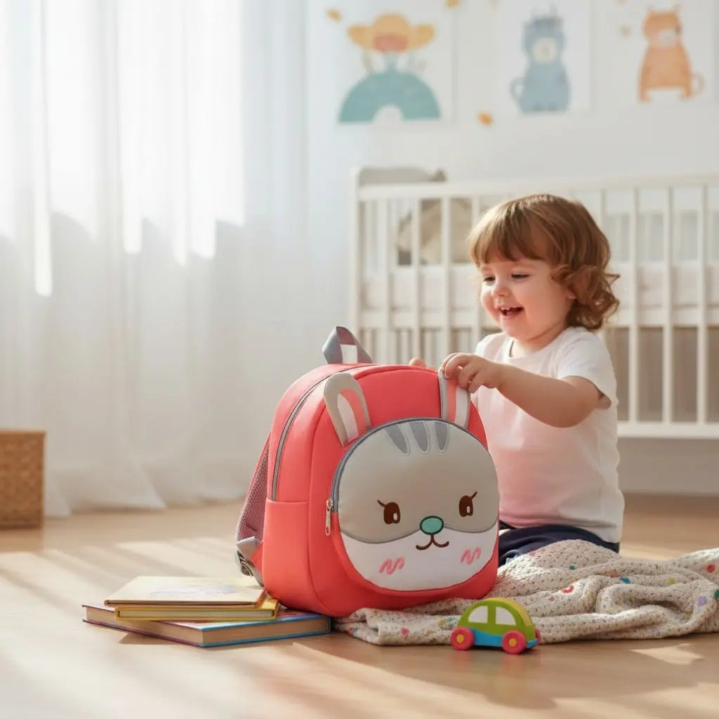 sac à dos lapin rose posé dans une chambre d’enfant