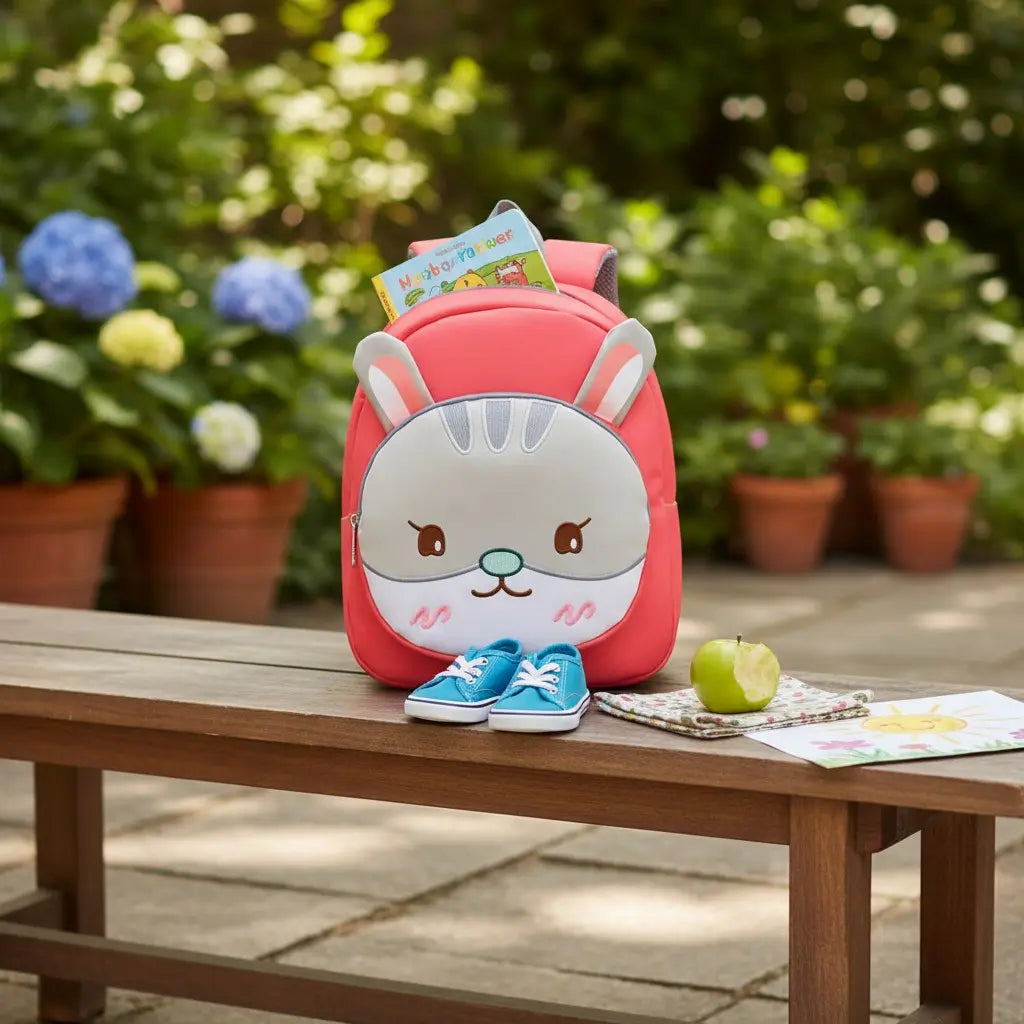 sac à dos lapin rose pour enfant posé sur une table extérieure