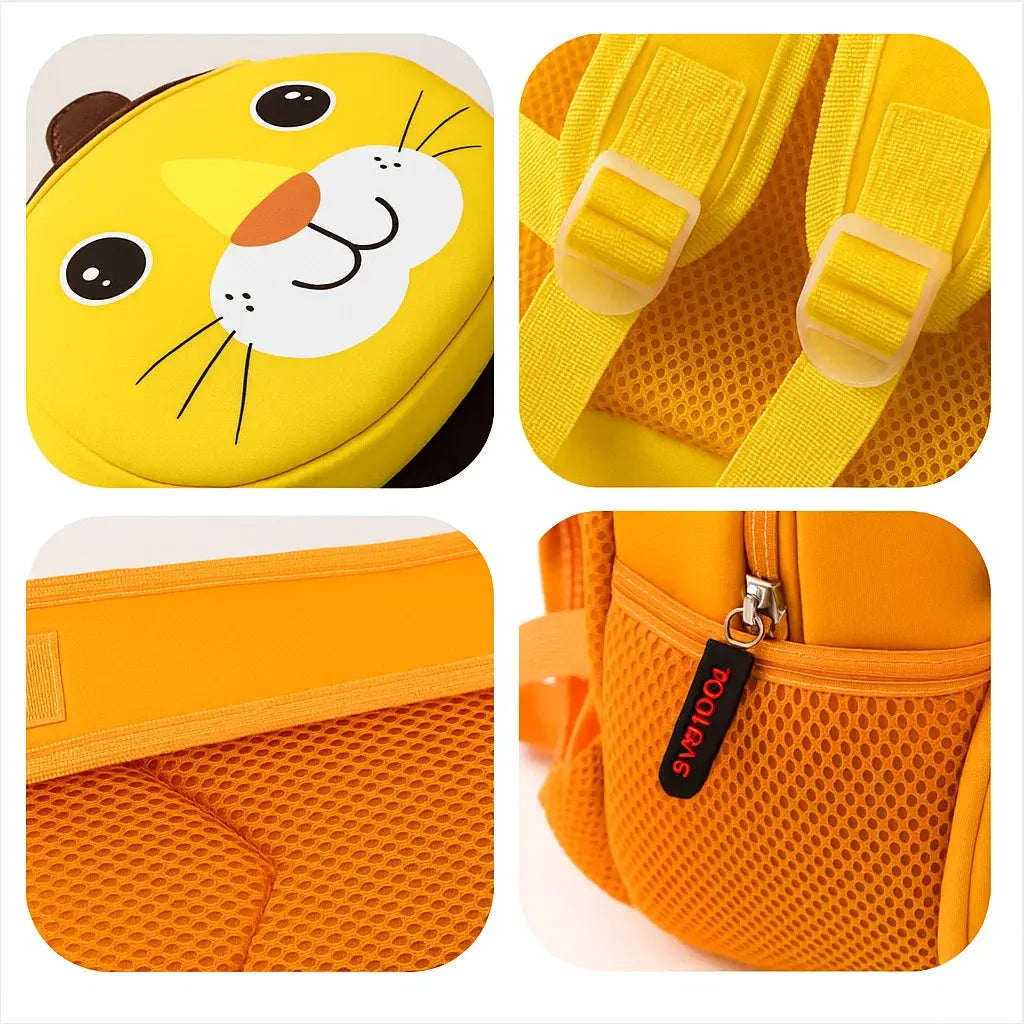 Détails du sac à dos lion montrant la tête, les bretelles et la maille respirante