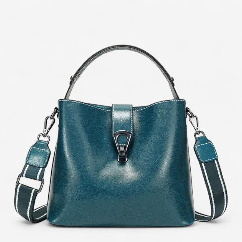 Sac à main femme en cuir bleu canard avec loquet rétro et bandoulière contrastée