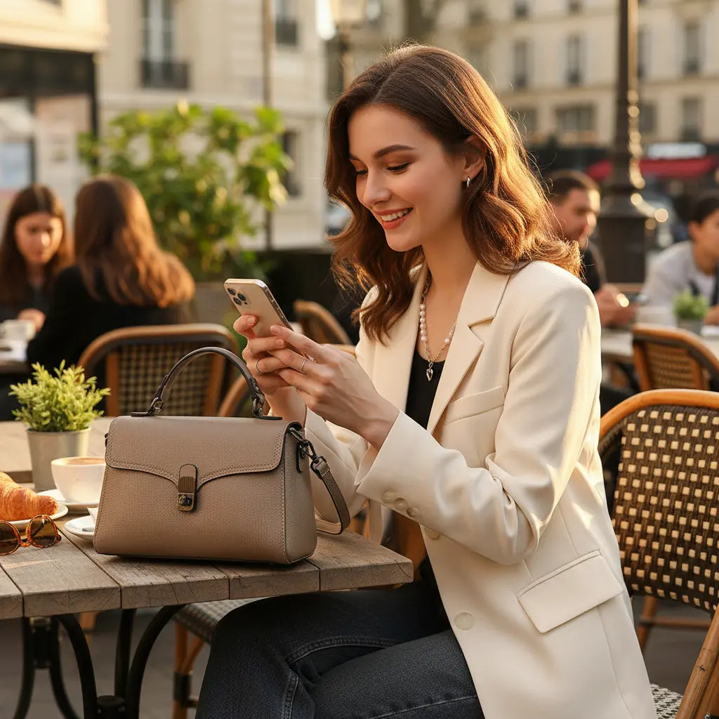 Femme assise en terrasse avec sac à main en cuir de vachette beige posé sur la table