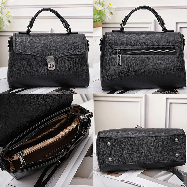 Sac à main noir en cuir de vachette avec vue des compartiments intérieurs et rangement