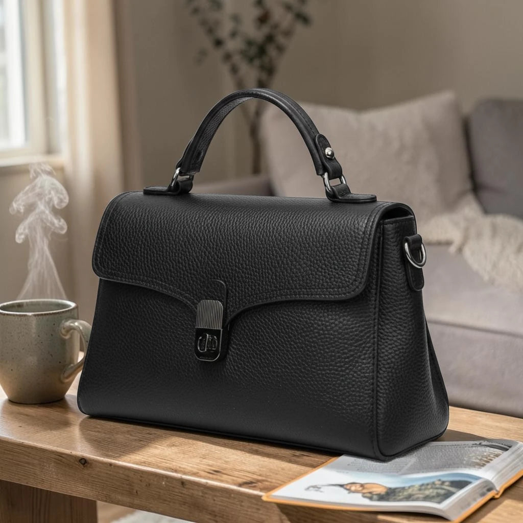 Sac à main noir en cuir de vachette avec poignée rigide et fermeture élégante