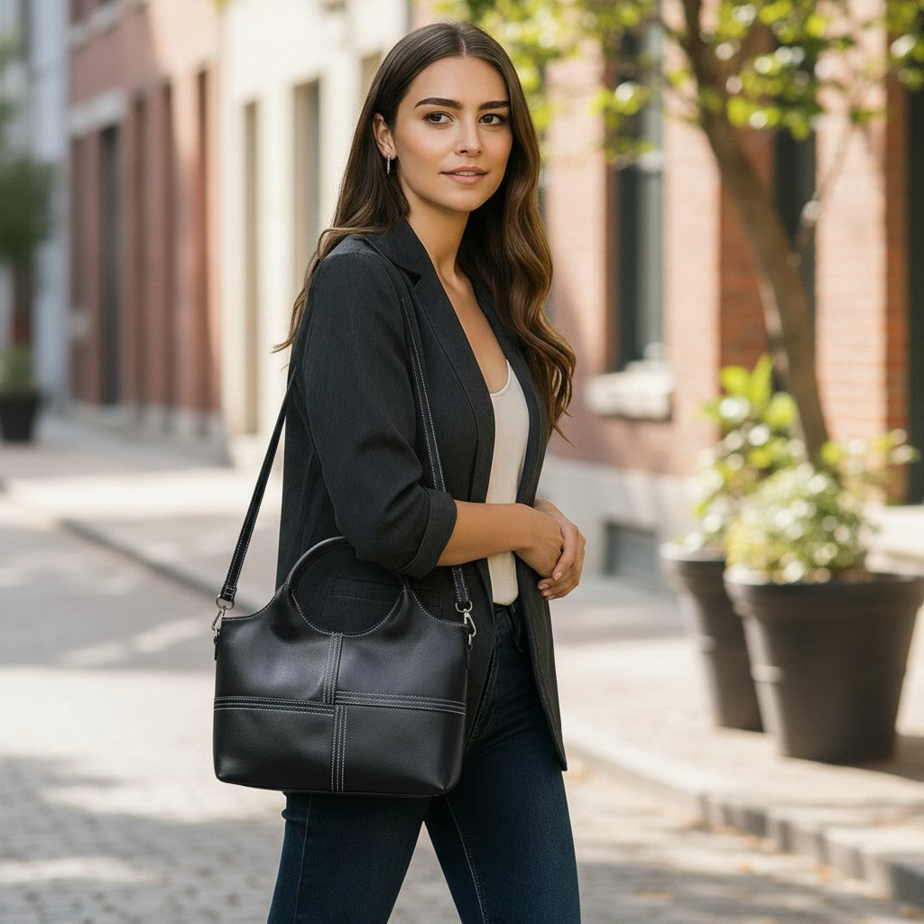 Femme portant un sac à main en cuir noir avec bandoulière, look professionnel et citadin.