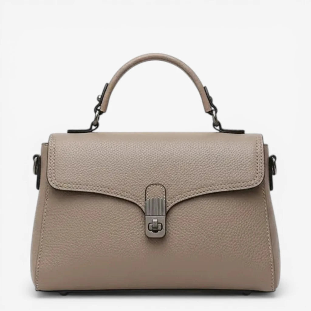 Sac à main femme en cuir de vachette pleine fleur beige avec poignée et bandoulière, style urbain élégant
