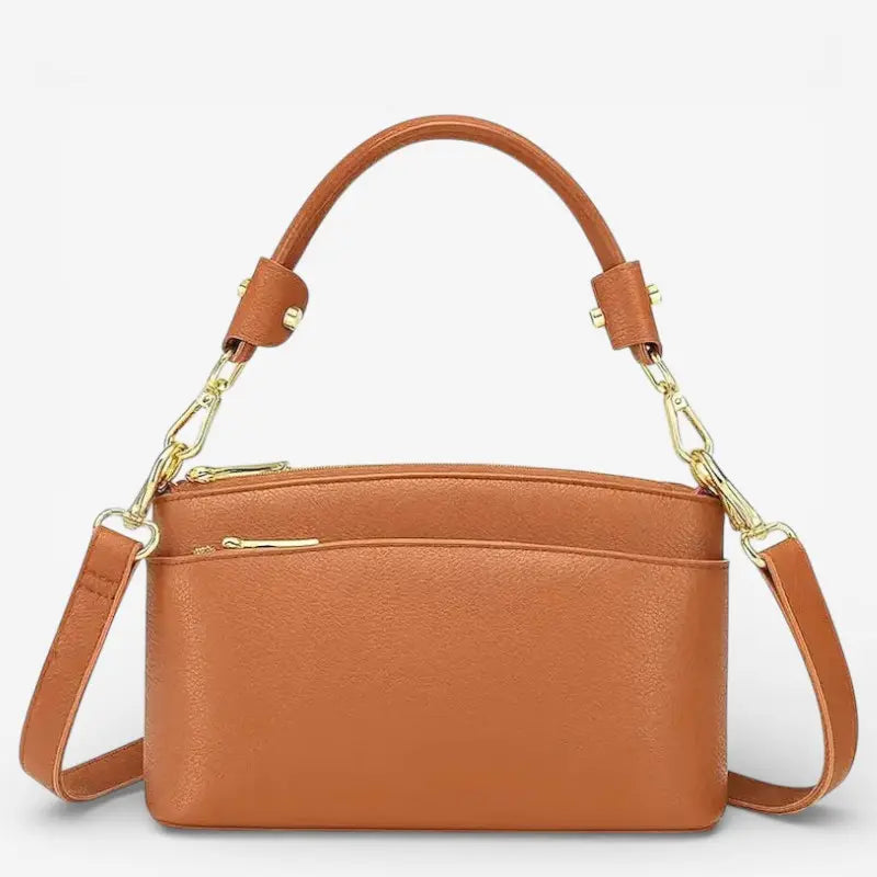 Sac à main rectangulaire en cuir de vachette camel pour femme avec détails dorés