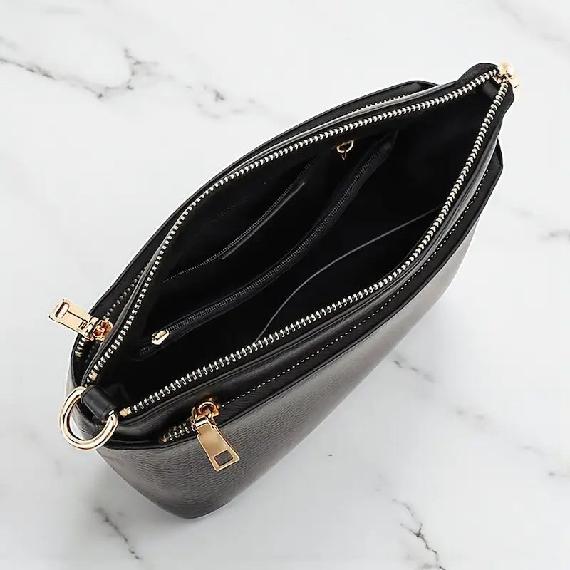 Sac à main rectangulaire en cuir de vachette noir pour femme, intérieur avec compartiments vides