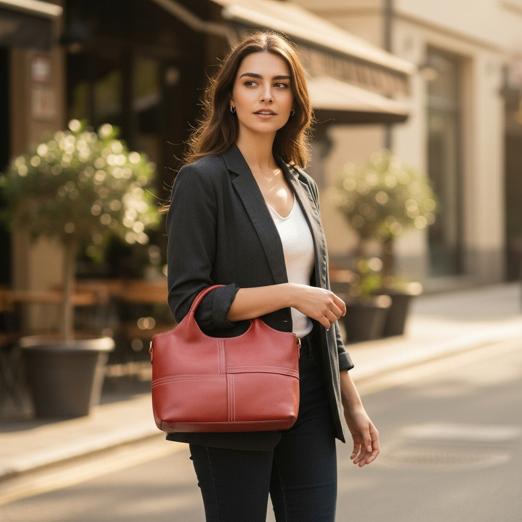 Femme portant un sac à main en cuir de vachette rouge en ville, style élégant et décontracté.