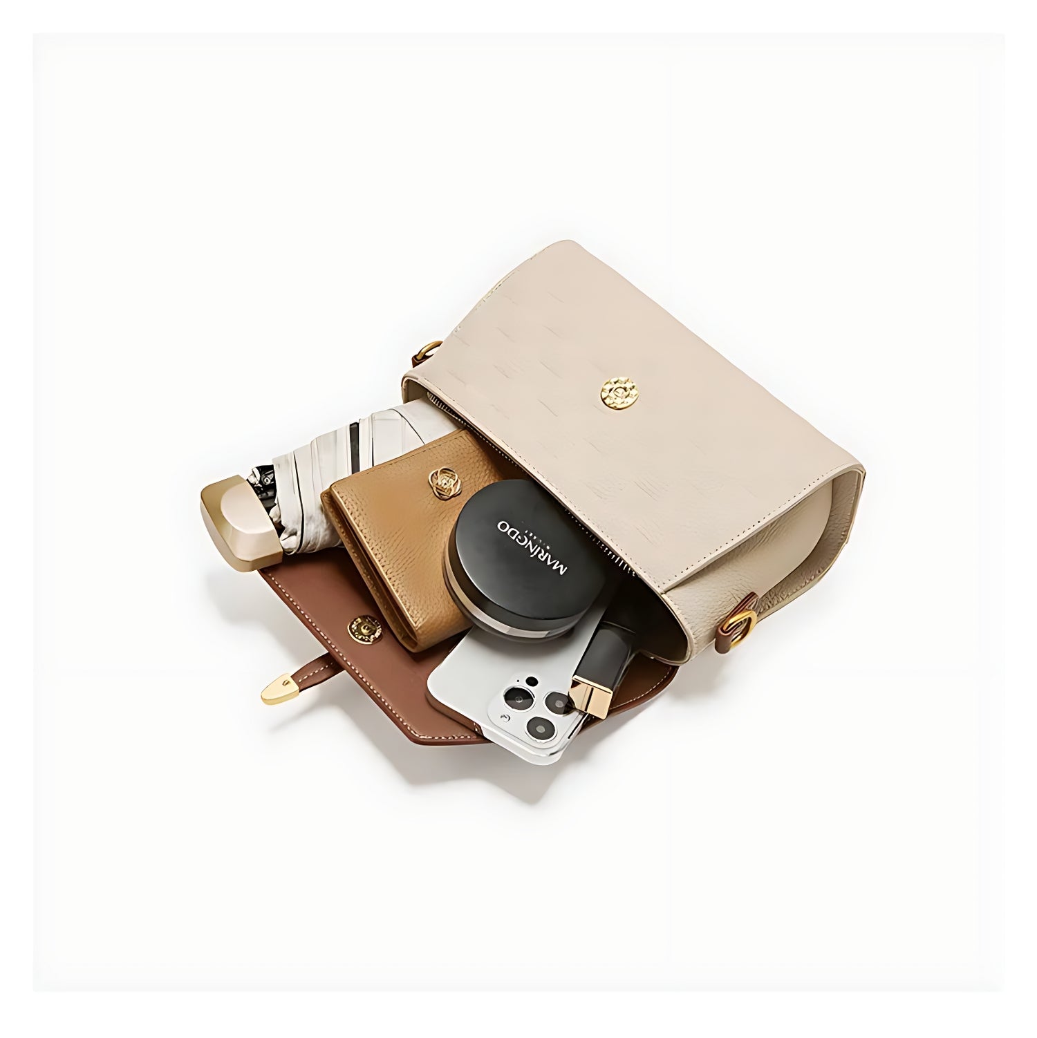 Sac à main premium en cuir véritable beige et marron avec accessoires rangés à l’intérieur