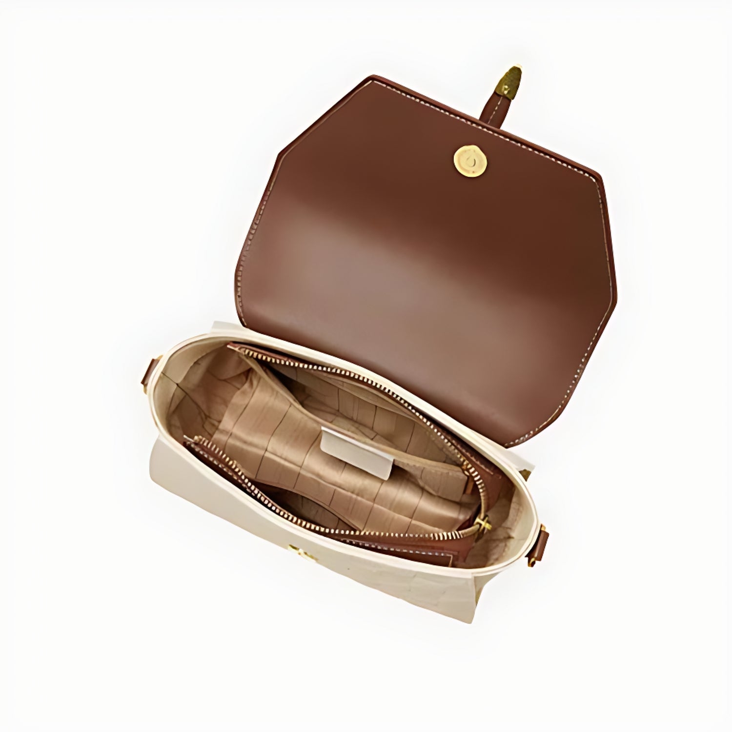 Sac à main premium en cuir véritable beige et marron ouvert avec compartiments intérieurs