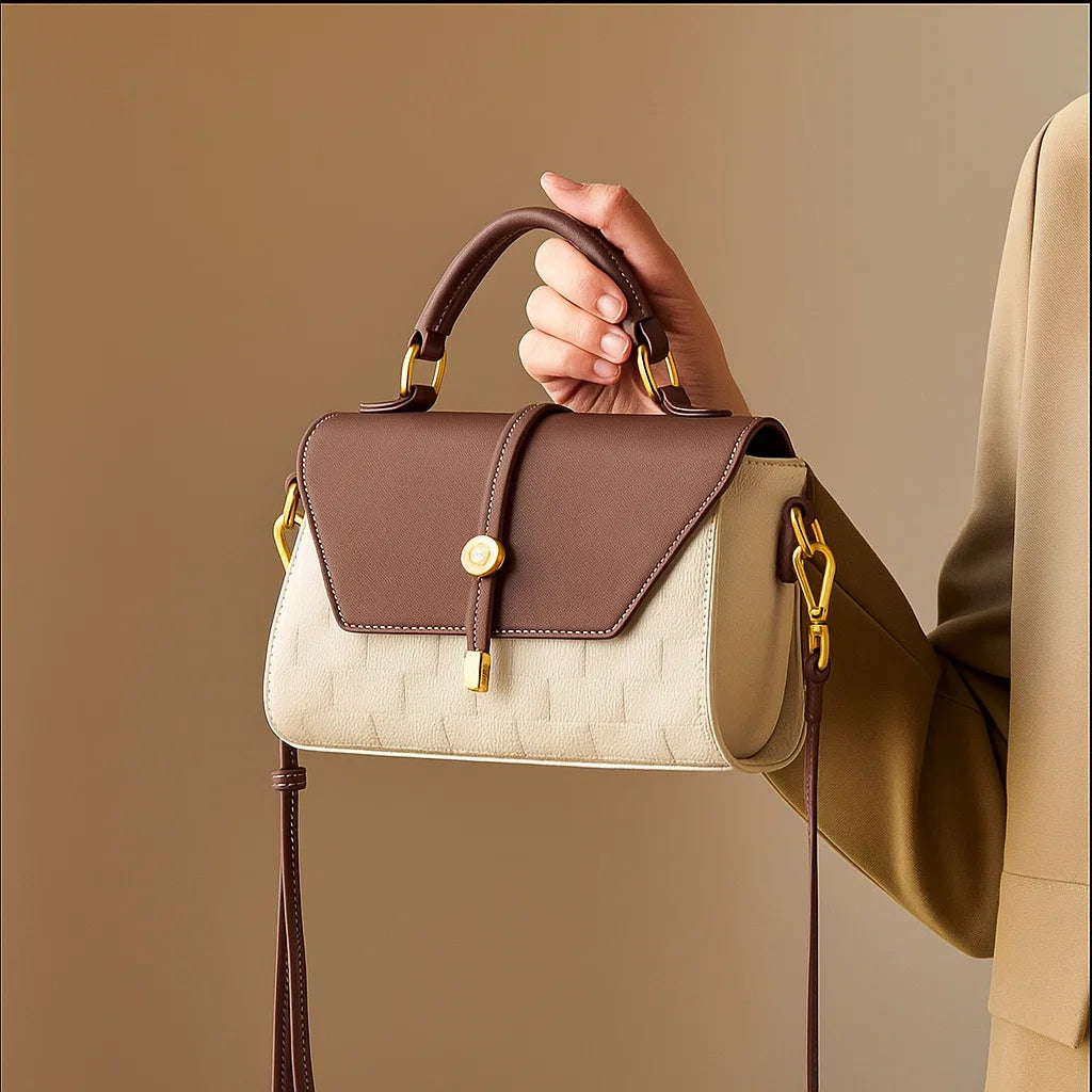 Sac à main premium en cuir véritable beige et marron porté à la main