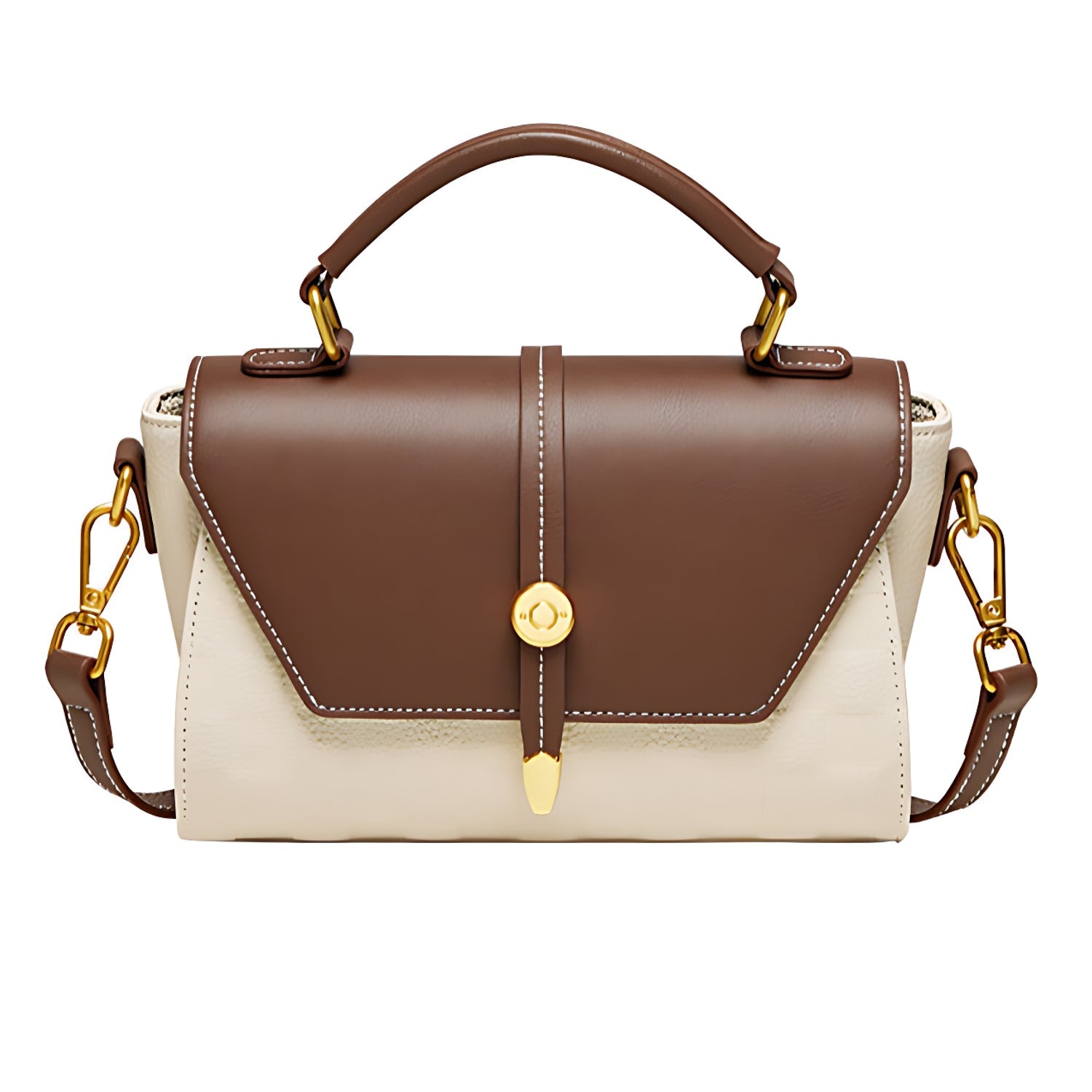 Sac à main premium en cuir véritable beige et marron vue de face