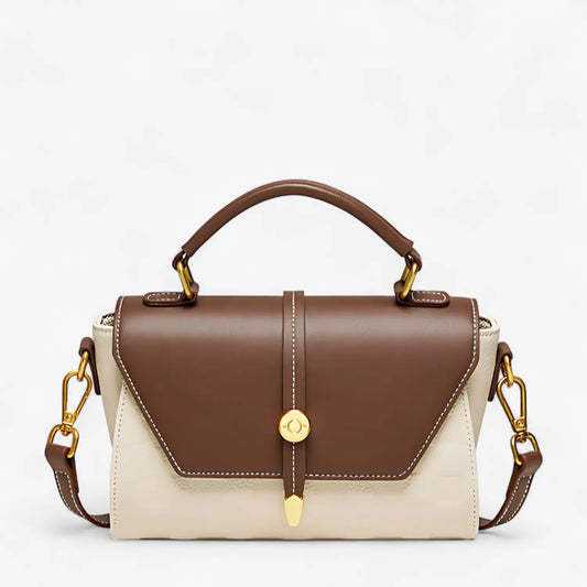 Sac à main premium en cuir véritable beige et marron vue de face