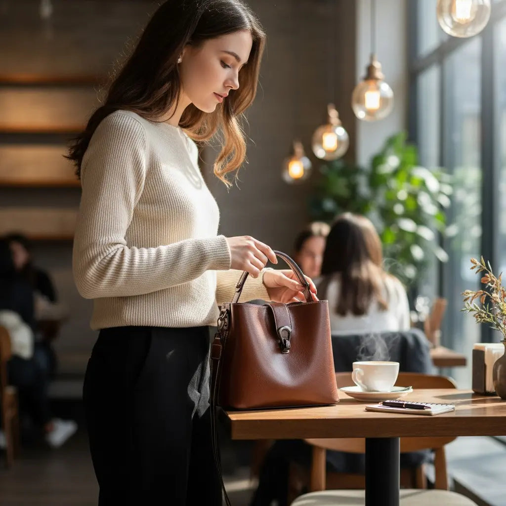 Femme debout dans un café ouvrant son sac à main vintage en cuir marron.