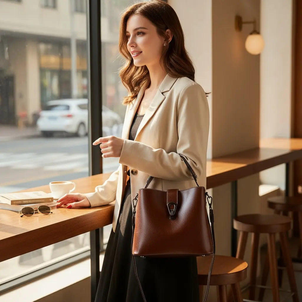 Femme debout dans un café portant un sac à main vintage en cuir marron.