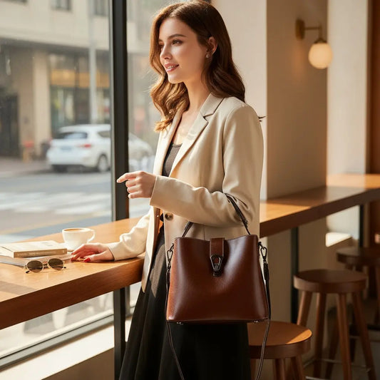 Femme debout dans un café portant un sac à main vintage en cuir marron.