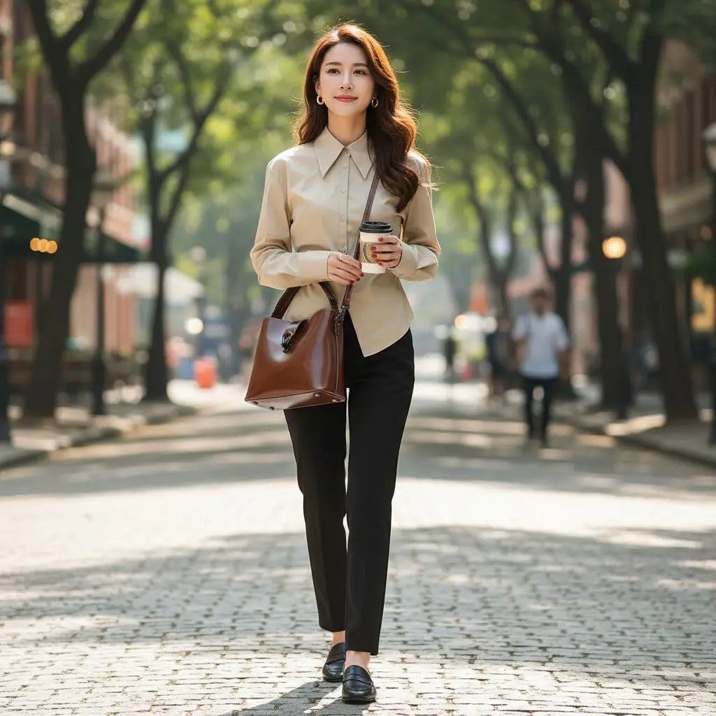 Femme marchant en extérieur avec un sac à main vintage en cuir de vachette marron porté à l’épaule.