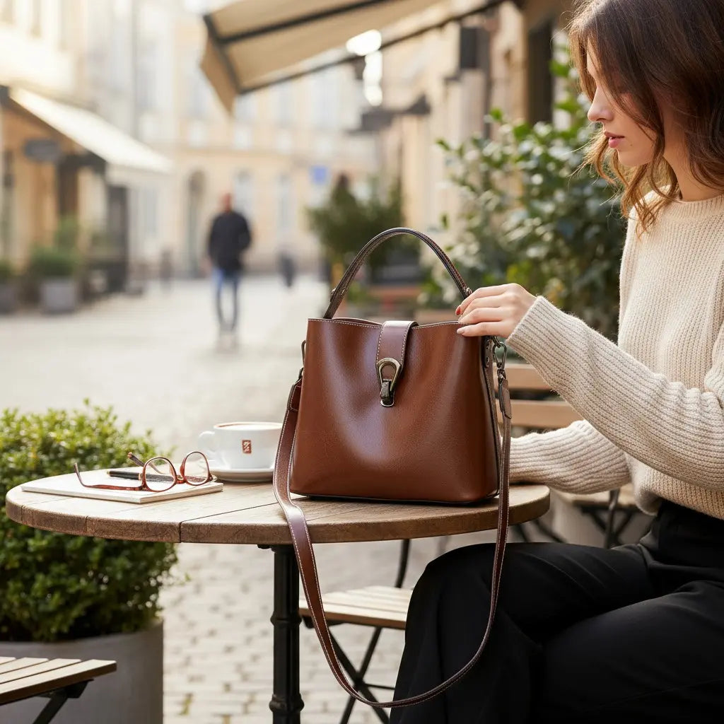 Femme assise en terrasse avec un sac à main vintage en cuir marron posé sur la table.