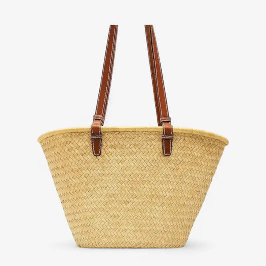 Sac à main en paille tressée avec anses en simili cuir brun