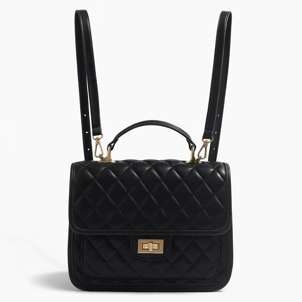 Sac matelassé noir avec doubles bretelles porté dos ou épaule
