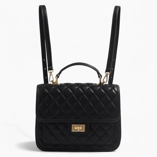 Sac matelassé noir avec doubles bretelles porté dos ou épaule
