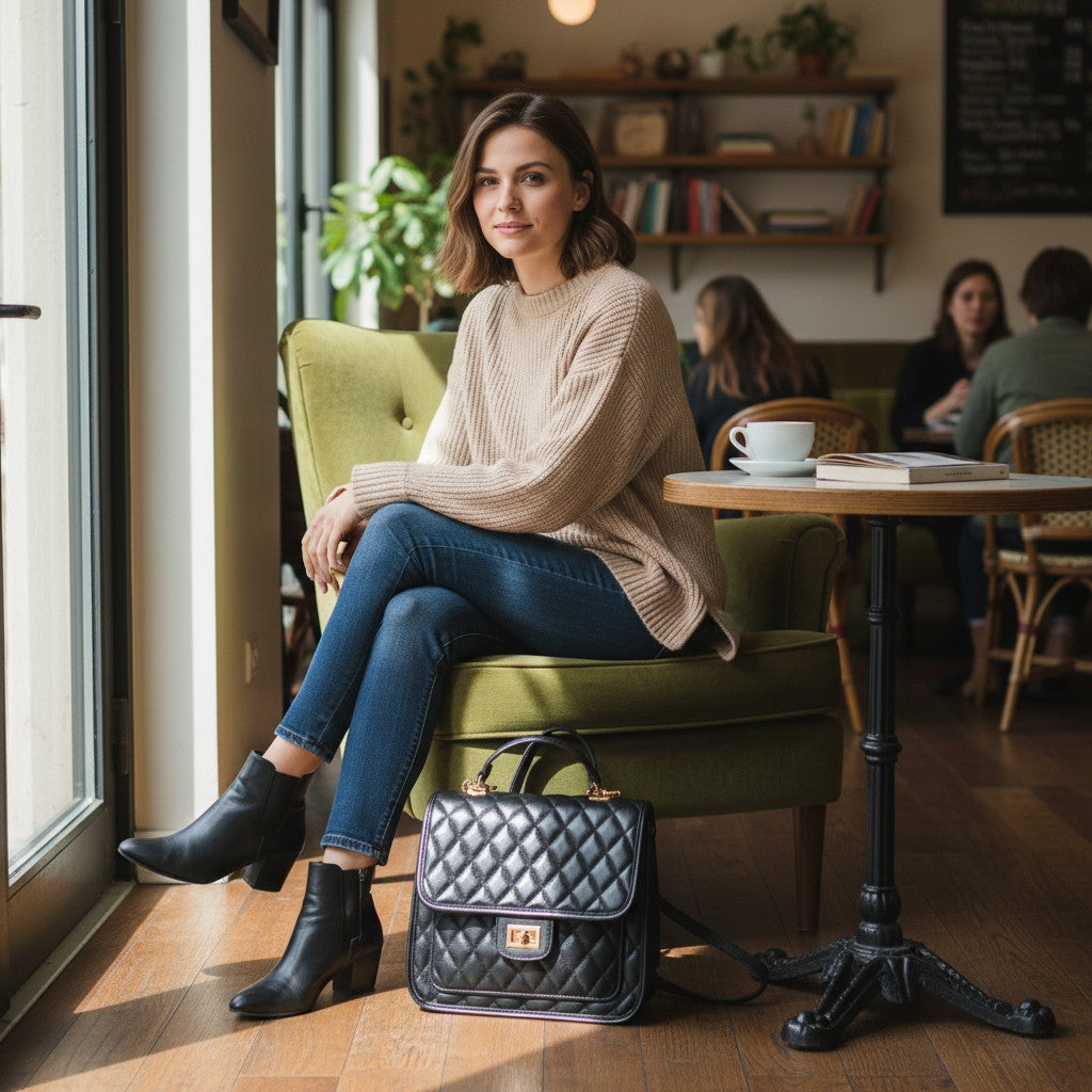 Sac matelassé noir posé au sol près d’une femme assise dans un café
