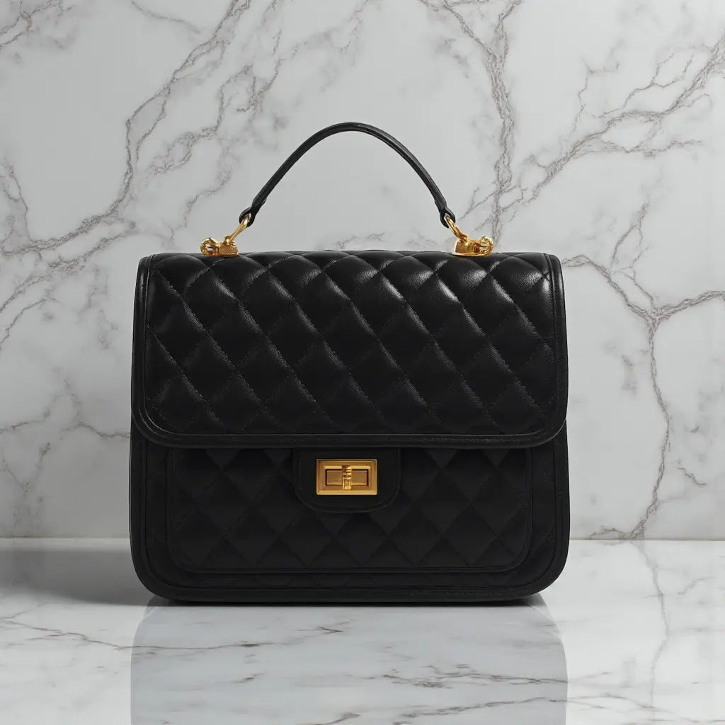 Sac matelassé noir posé en studio devant un fond marbre
