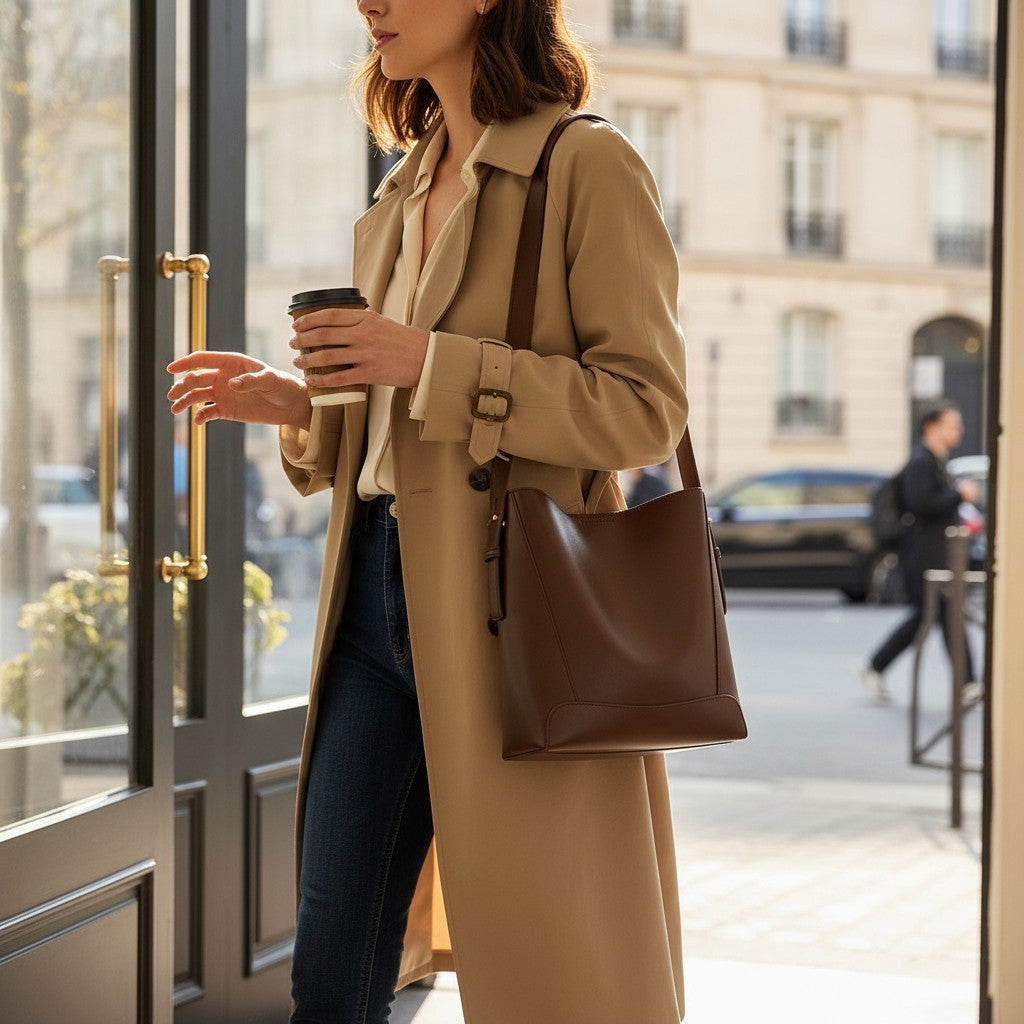 Femme en trench beige portant un sac messager marron en cuir sur une terrasse de café.