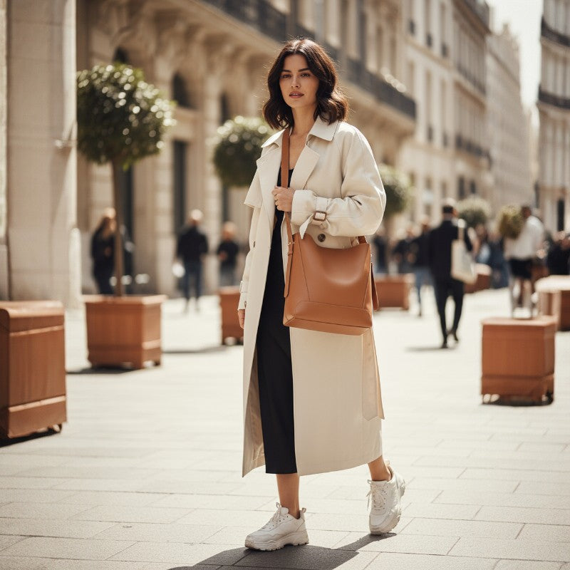 Femme marchant en ville portant un sac messager marron en cuir avec trench clair et baskets blanches.