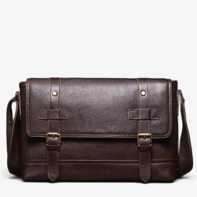 Sac messager homme en cuir véritable marron foncé avec rabat et boucles