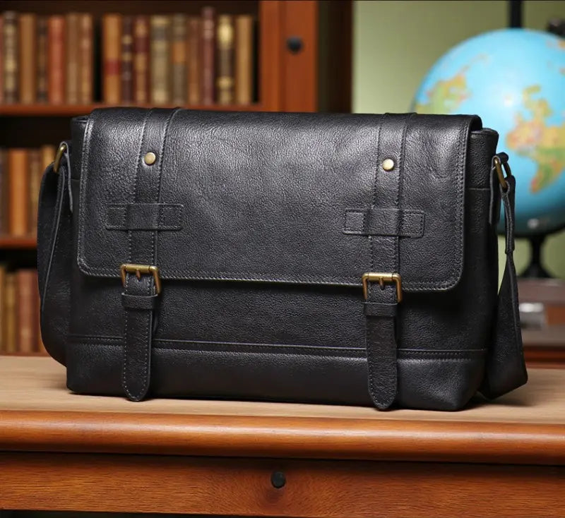 Sac messager homme en cuir véritable noir avec deux sangles à boucle présenté sur plan en bois.