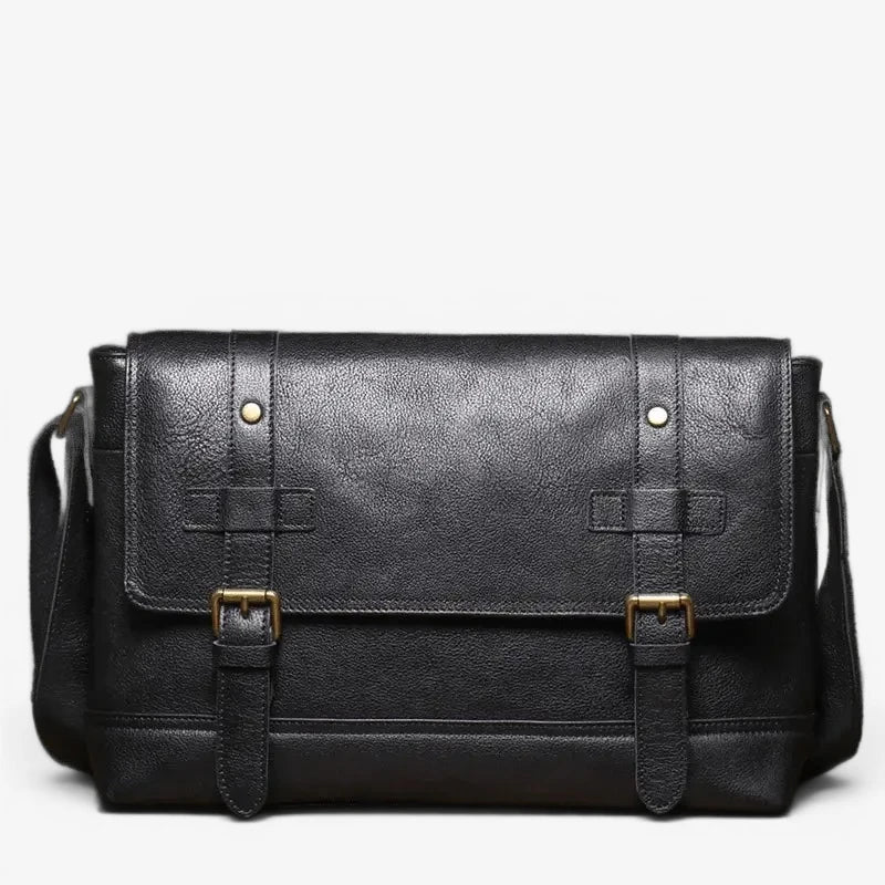 Sac messager homme en cuir véritable noir avec deux sangles à boucle