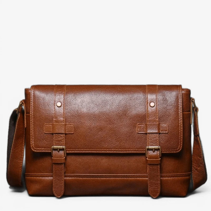 Sac messager homme en cuir véritable vintage avec rabat et deux sangles