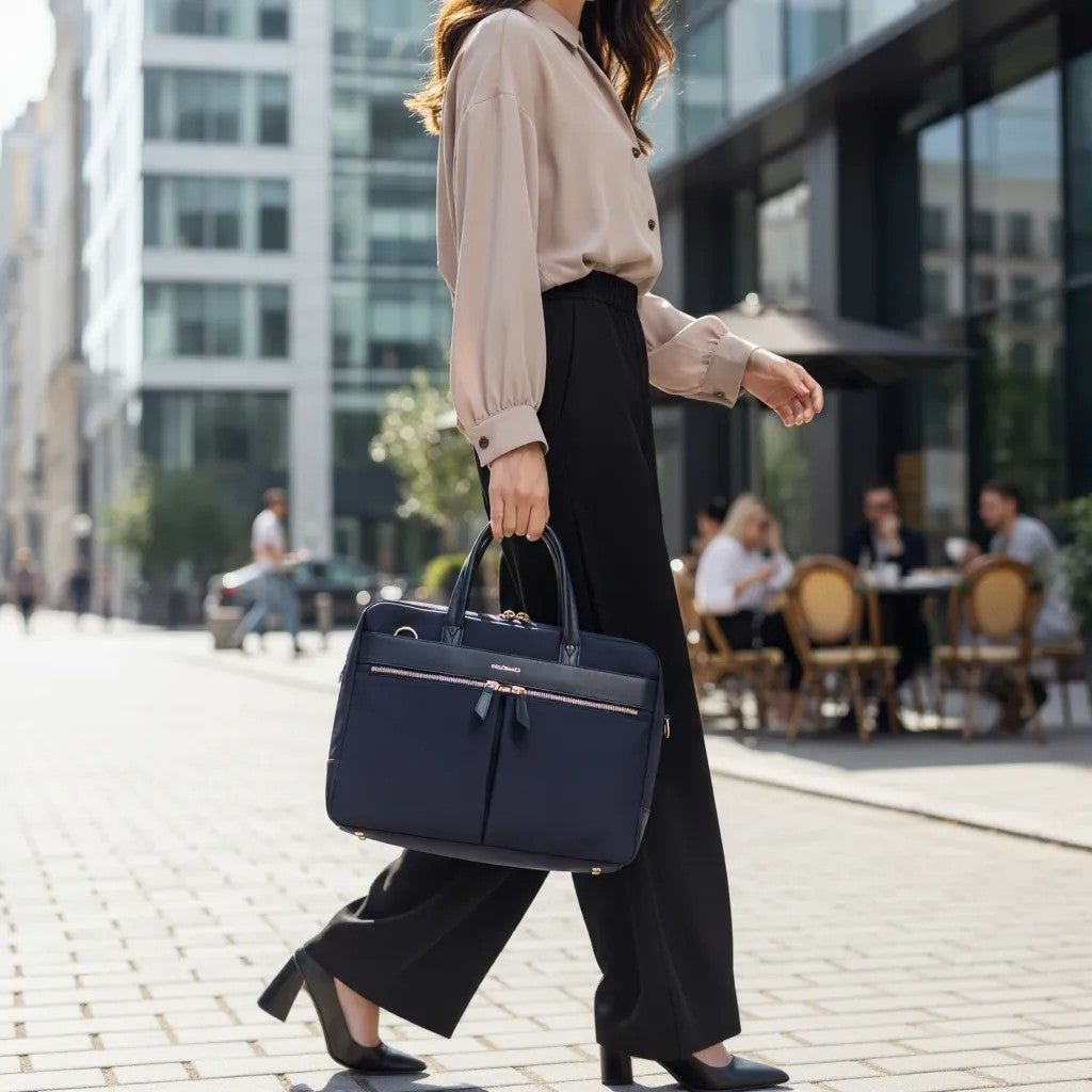 femme élégante marchant avec un sac ordinateur bleu marine