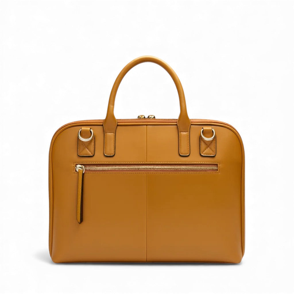 Vue arrière du sac ordinateur camel en cuir avec poche zippée