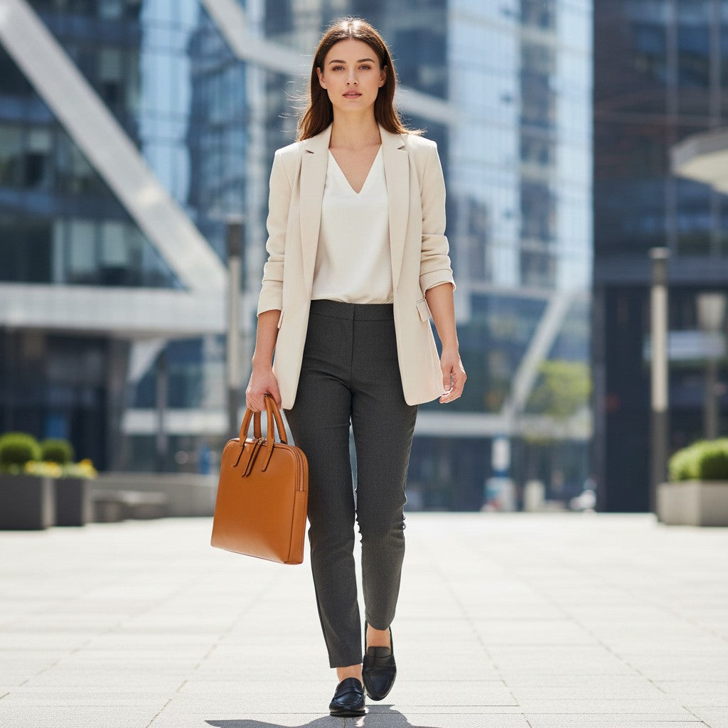 Sac ordinateur camel porté main par une femme en extérieur dans un décor urbain moderne