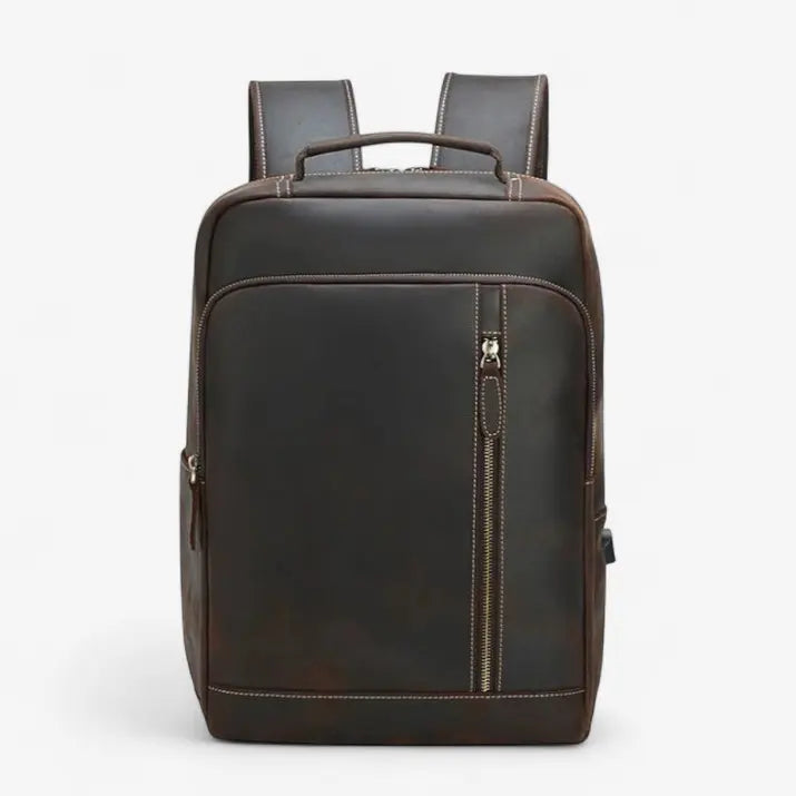 Sac à dos ordinateur en cuir marron foncé – vue de face