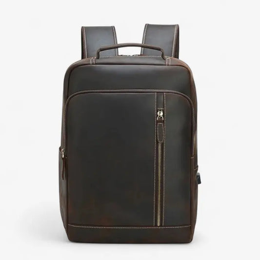 Sac à dos ordinateur en cuir marron foncé – vue de face