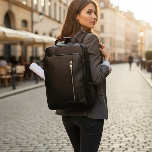 Femme portant un sac à dos ordinateur en cuir noir élégant dans la rue.