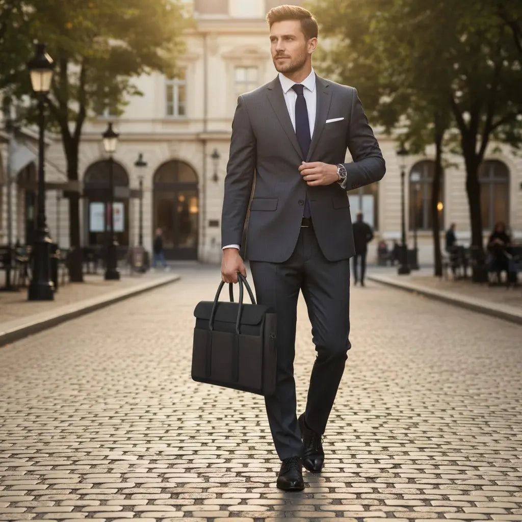 Sac ordinateur homme en cuir pleine fleur avec rabat porté avec un costume élégant