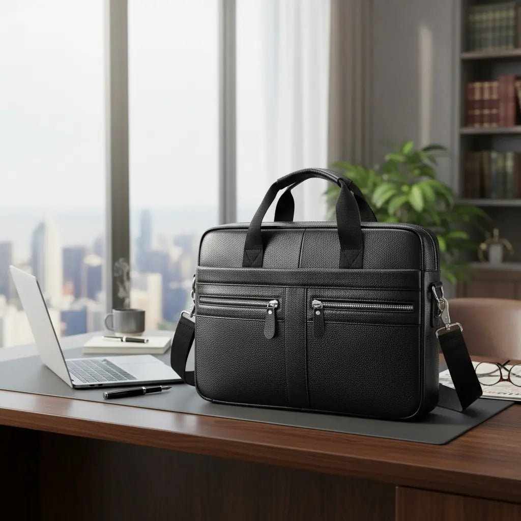 Sac ordinateur en cuir de vachette noir posé sur un bureau professionnel avec ordinateur portable