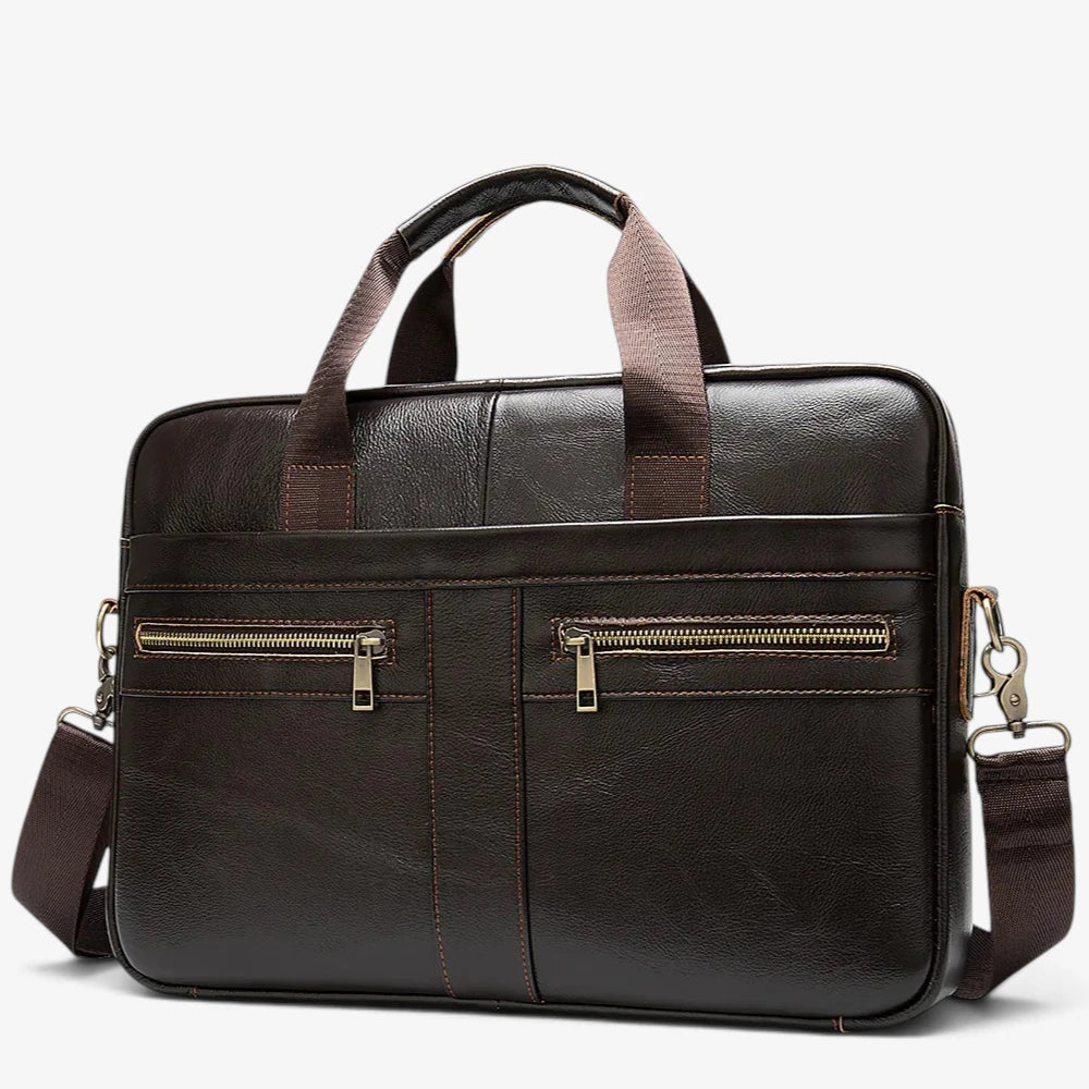 Sac ordinateur homme en cuir véritable brun foncé avec poches zippées