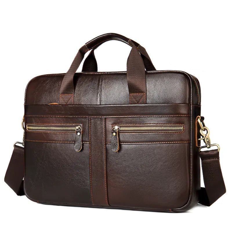 Sac ordinateur homme en cuir véritable brun foncé avec poches zippées