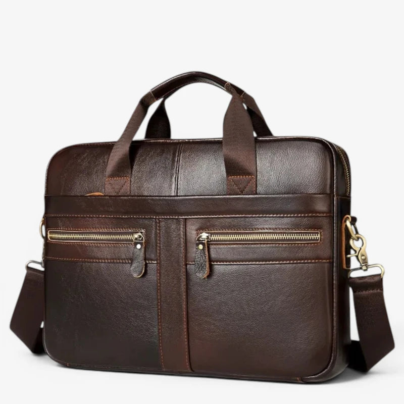 Sac ordinateur homme en cuir véritable brun foncé avec poches zippées