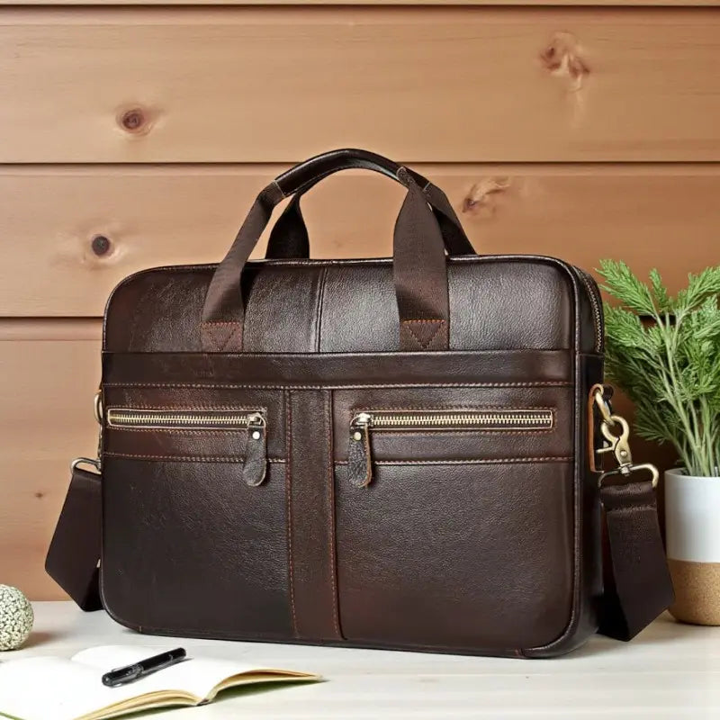 Sac ordinateur homme en cuir véritable brun foncé avec poches zippées
