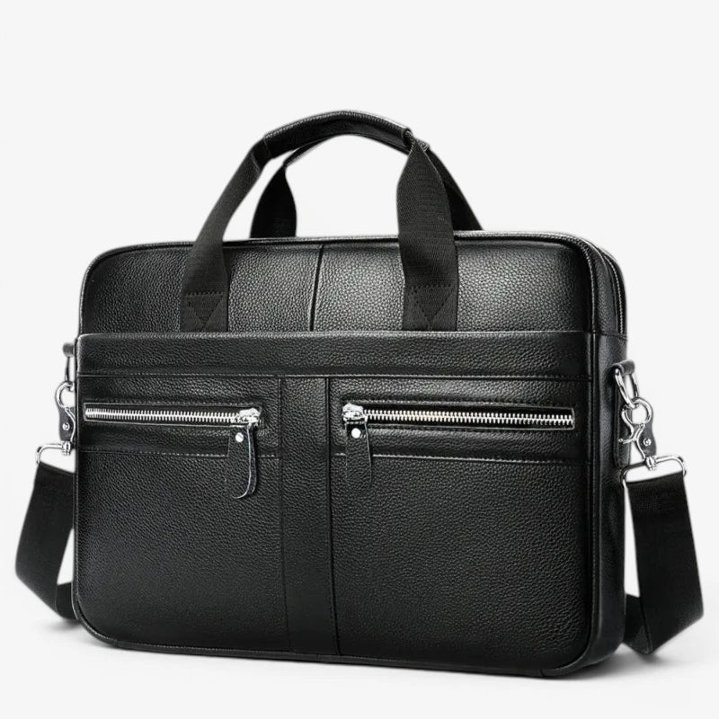 Sac ordinateur homme en cuir véritable noir avec poches zippées avant